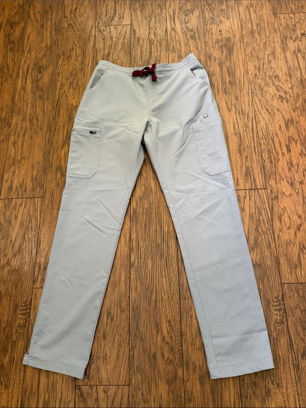 Figs Women's Light Gray Scrub Pants with Maroon Drawstring